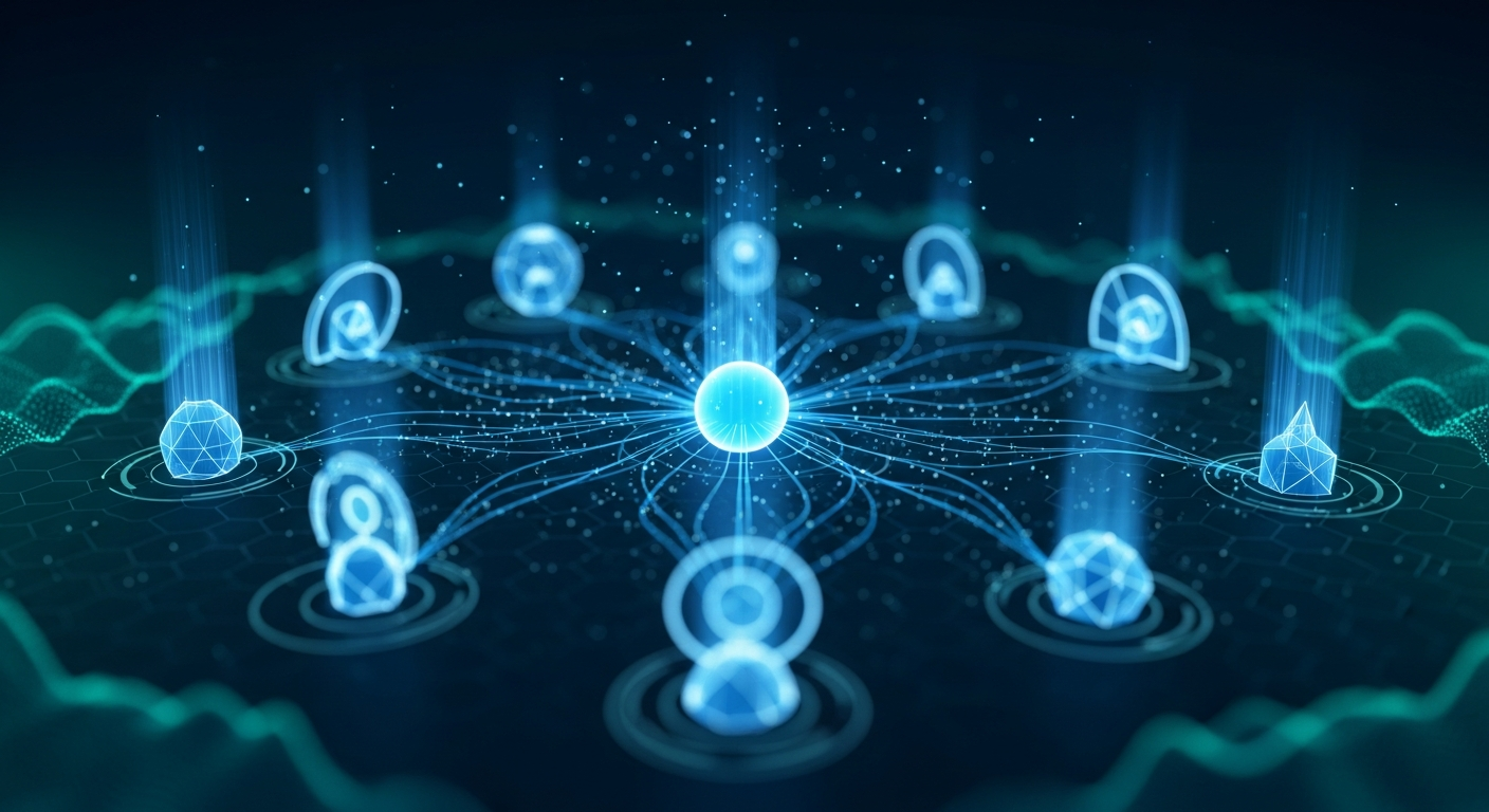 AI agent orchestration visualization — multiple agents connected by glowing blue lines forming a central hub