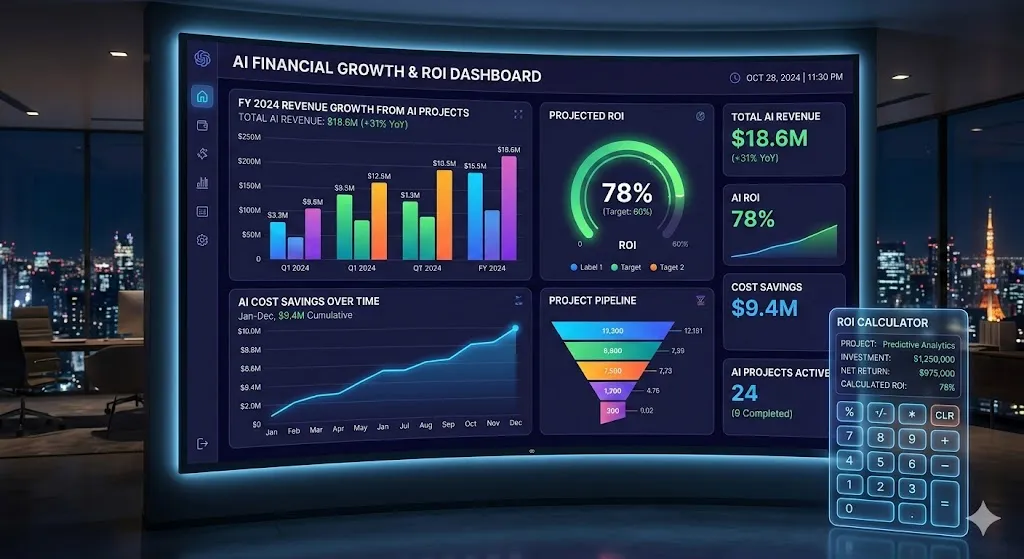 Business dashboard showing ROI calculation for enterprise AI projects