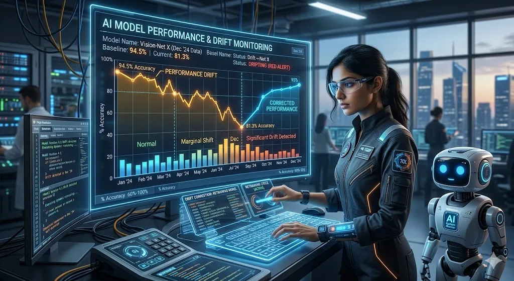 Line graph showing LLM model drift and AI engineer monitoring performance