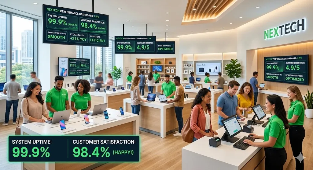 Infographic illustrating 99.9% uptime and cost reduction for retail AI-Ops