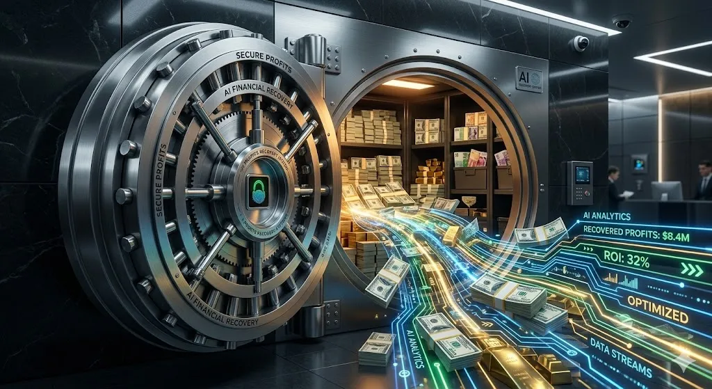 Business vault with digital data streams representing profit recovery